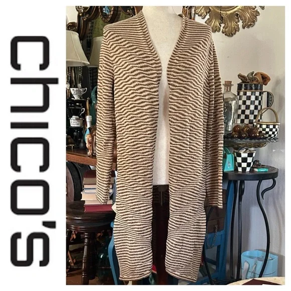 Gold Metallic & Cream Stripped Open Sweater Cardigan Duster - Picture 2 of 10